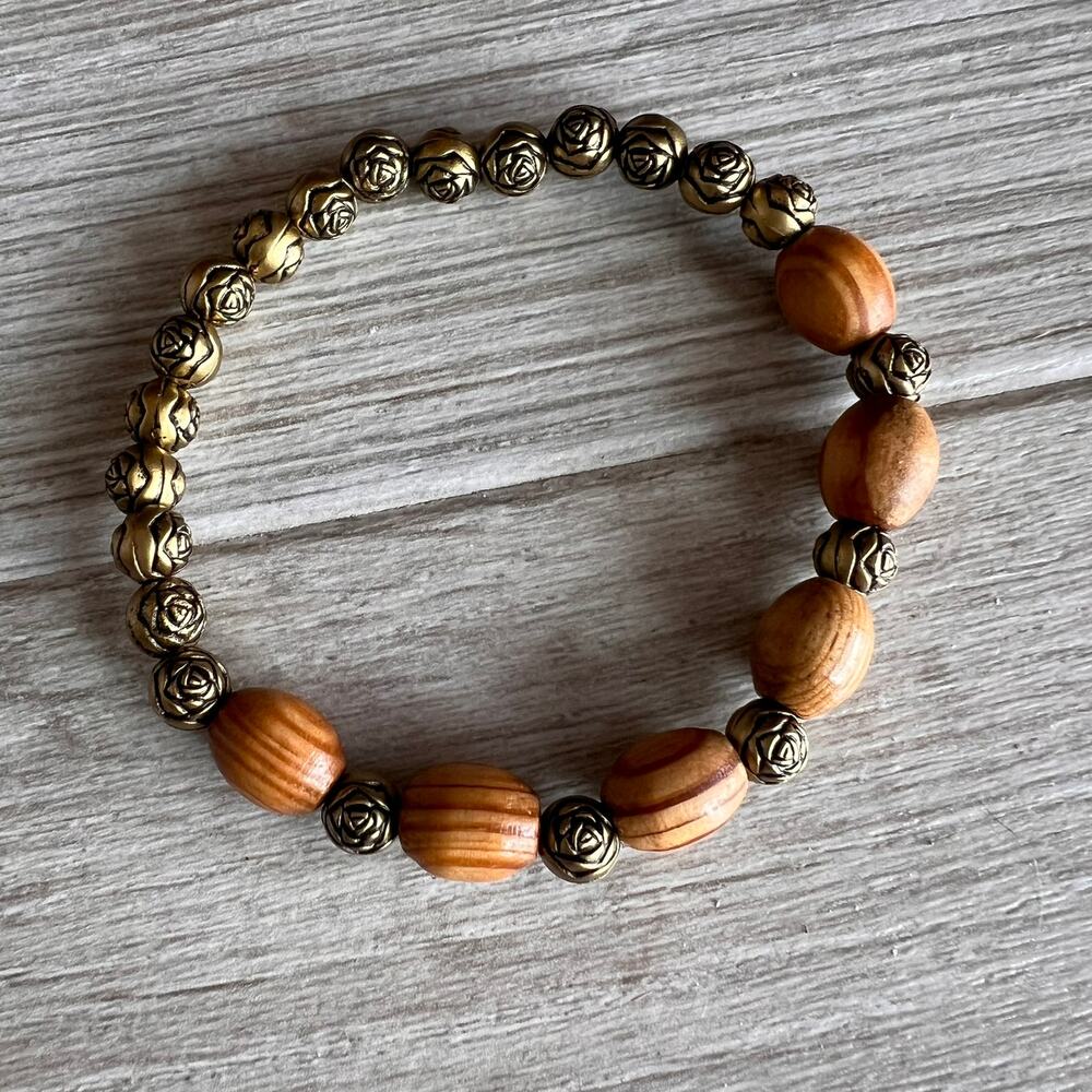 Wood and Metal Beaded Bracelet Stretch Bangle Cuff Bohemian Natural Neutral
